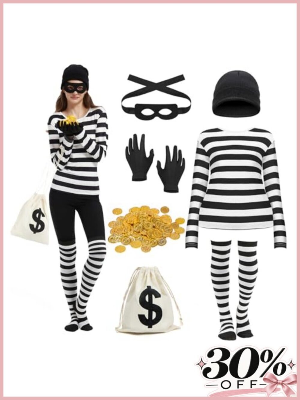 7 Piece Women's Robber Costume Set Striped Shirt Mask Coins Gloves Beanie Bag